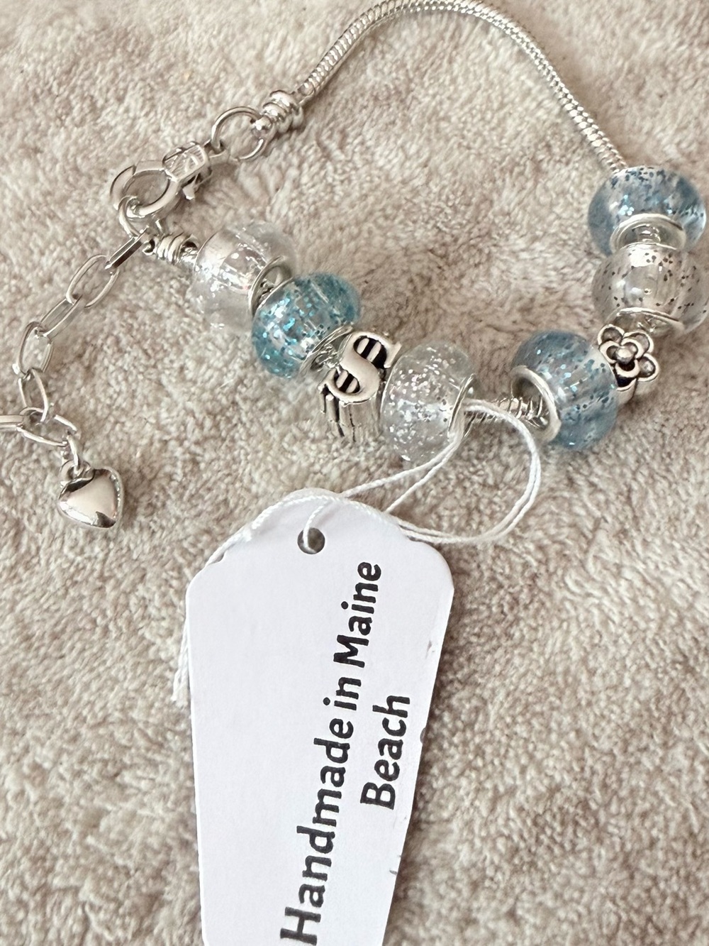 Silver Charm Adjustable Bracelet with Blue and Clear Sparkle Glass Beads - Picture 5 of 6
